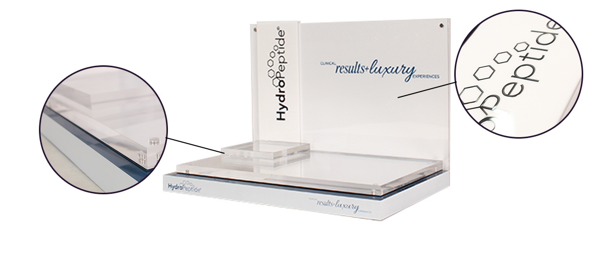 輕奢透明和白色亞克力化妝品桌面展示架，帶鏡子 定制展架